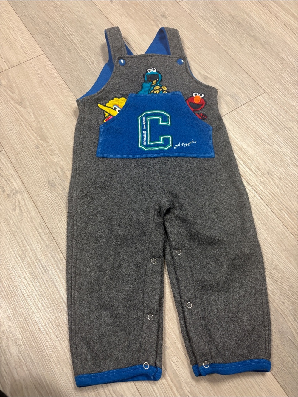 Sesame Street Charcoal Gray & Royal Blue Kids Overalls with Character Appliqués